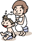 イラスト：女性が男の子の洗髪をしている様子