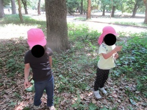 公園で釣り竿で使えそうな棒を探している子どもたち