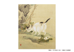 4月のデザイン画像：竹と蝶と猫を描いている