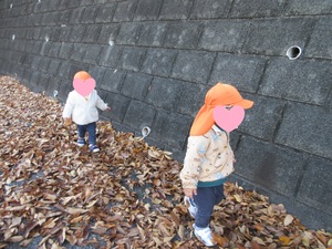 写真　落ち葉の上を歩く子ども