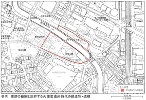 史跡指定地の場所、範囲を示した地図