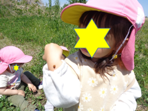 写真:手に付いたてんとう虫を見る2歳児の子ども