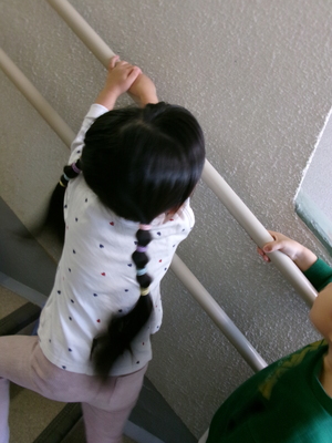 二重手すりにつかまって階段を上っている写真です。