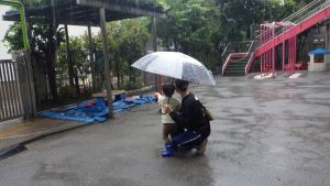 傘をさして園庭に出る2歳児
