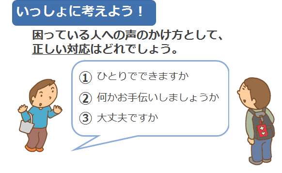 困っている人への声のかけ方として、正しい対応はどれでしょう。1ひとりでできますか。2何かお手伝いしましょうか。3大丈夫ですか。