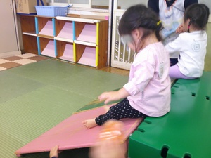 巧技台滑り台を楽しむ様子