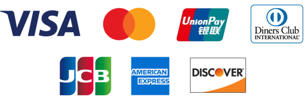 クレジットカードVISA、Mastercard、UnionPay（銀聯）、JCB、AMERICAN EXPRESS、Diners Club INTERNATIONAL、DISCOVERの画像。