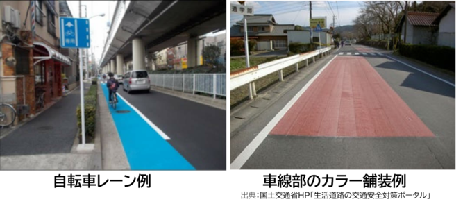 自転車レーン・車道のカラー舗装の例