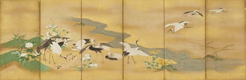 狩野永叔　裏菊ニ鶴図屏風左隻