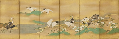 裏　狩野永叔　菊ニ鶴図屏風　右隻